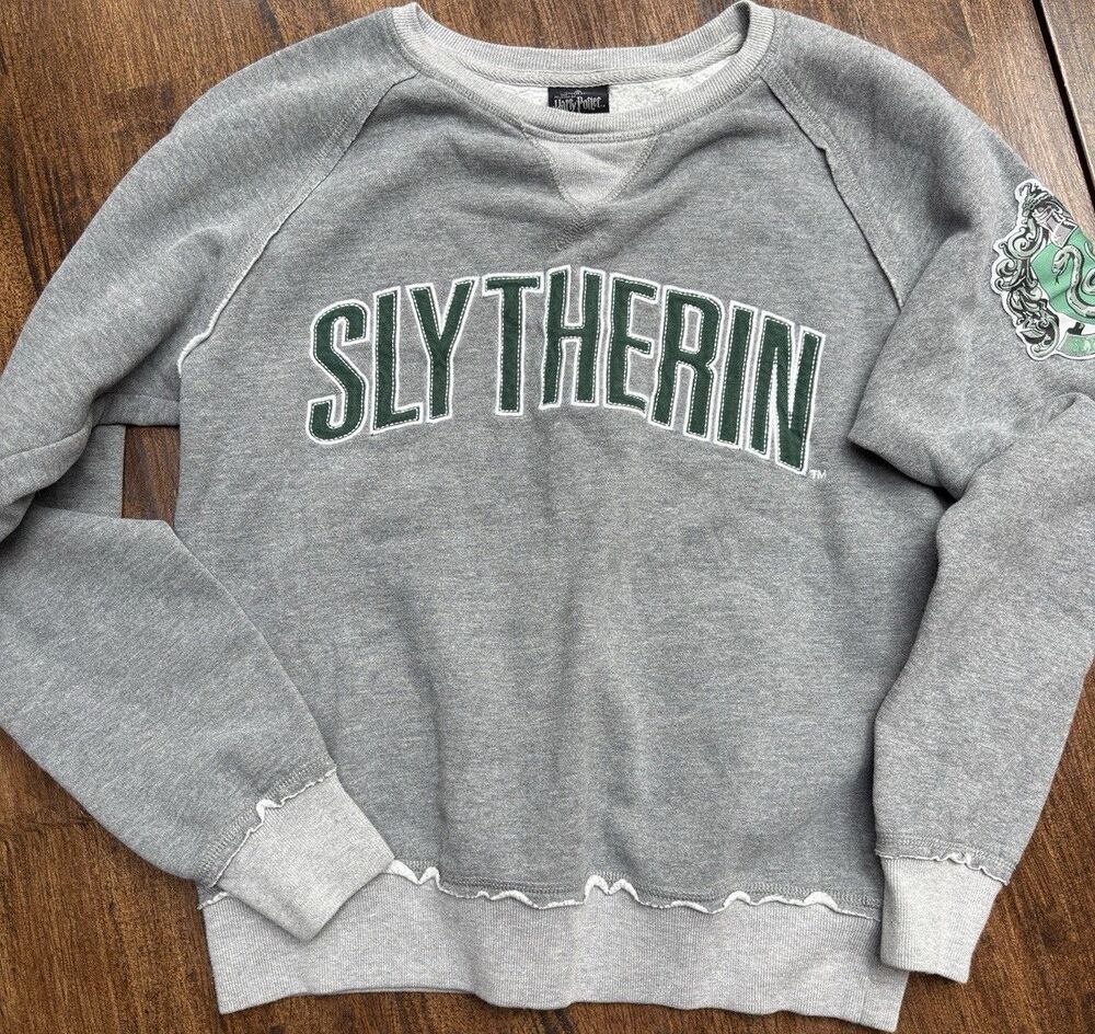 Harry Potter Slytherin Y2K Wizardcore Crewneck Gray Embroidered Raw Hem